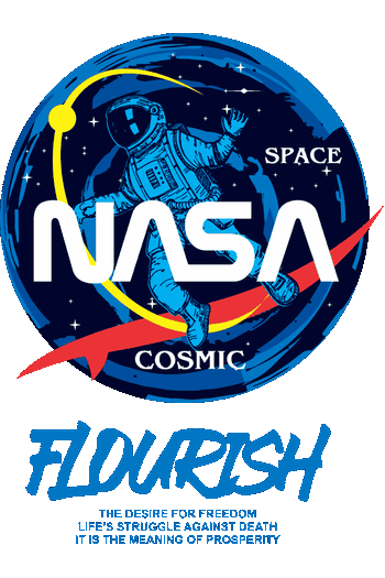 Vector de astronauta flotando en espacio azul con logo 'NASA', cinta roja, texto 'SPACE', 'COSMIC'