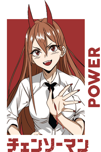 Vector de Power de Chainsaw Man sonriendo, uniforme escolar, cuernos rojos, fondo rojo con marco blanco