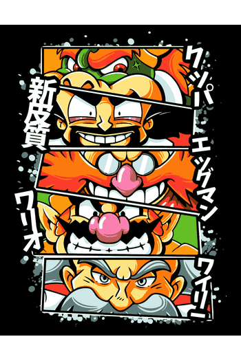Vector villanos Super Mario Bowser Wario paneles manga japonés expresiones exageradas kanji lateral salpicaduras