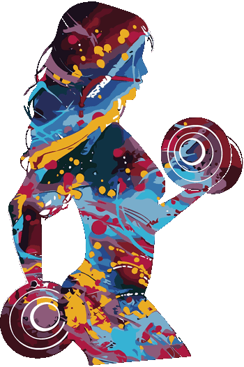 Vector abstracto de silueta de mujer fitness con mancuernas en colores vivos para ropa deportiva.