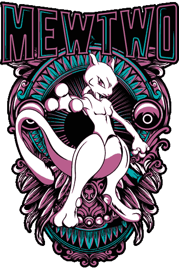 Vector Mewtwo composición ornamental simétrica tipografía rock paleta rosa morado turquesa