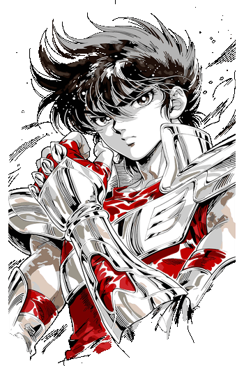 Ilustración vectorial detallada de Seiya de Pegaso de Los Caballeros del Zodiaco en pose de combate con armadura.