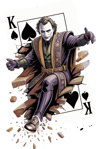 Vector del Joker Guasón saliendo de una carta de Rey de Espadas rota en efecto 3D.