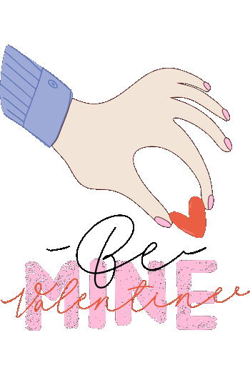 Ilustración de mano sosteniendo corazón con texto Be Mine para sudaderas de San Valentín.