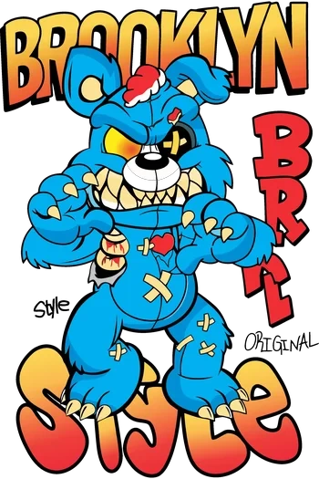 Ilustración vectorial de un oso azul enojado de estilo urbano con letras grandes que dicen 'BROOKLYN'