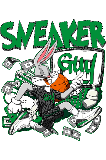 Ilustración vectorial estilo sneakerhead de Bugs Bunny con zapatillas de colección y billetes.