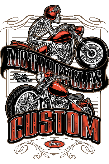 Ilustración vectorial estilo vintage de un esqueleto conduciendo una motocicleta custom con casco rojo.