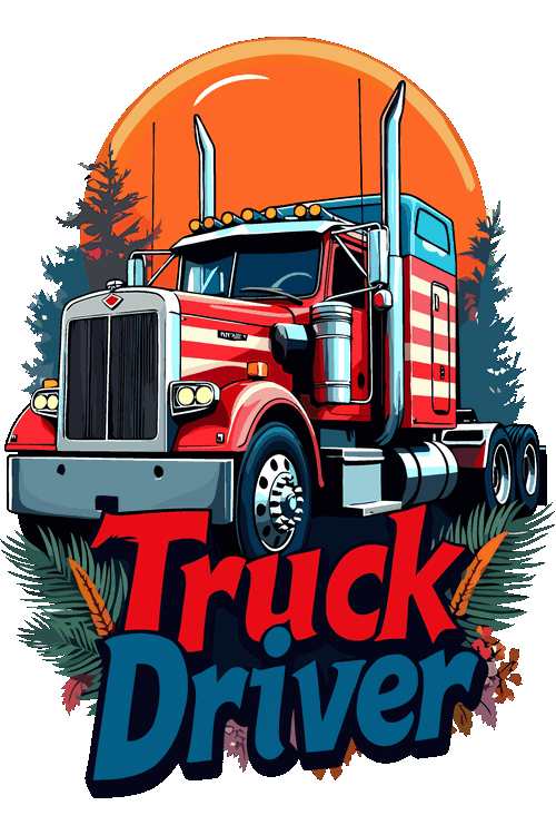 Ilustración vectorial de tractocamión americano clásico al atardecer con texto Truck Driver.