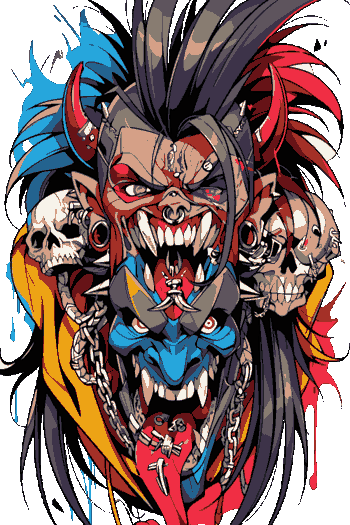 Cara demoníaca ultra agresiva con crestas multicolores, cuernos, piercings