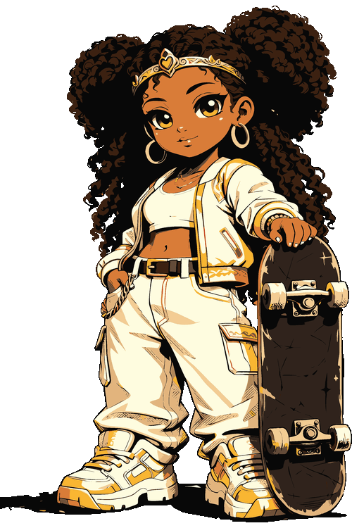 Ilustración vectorial de niña skater estilo chibi afro con patineta y ropa urbana.