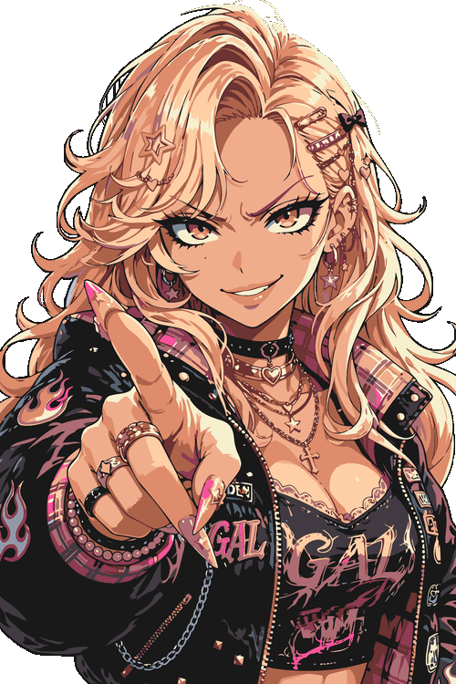 Ilustración vectorial de chica estilo Gyaru rubia con chaqueta de llamas señalando con el dedo y mirada desafiante.