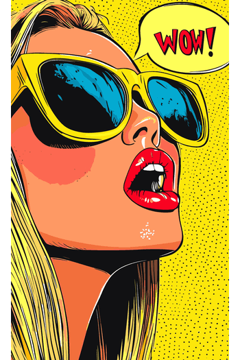 Ilustración vectorial estilo pop art retro de una mujer con gafas de sol amarillas y labios rojos diciendo wow sobre fondo amarillo con puntos