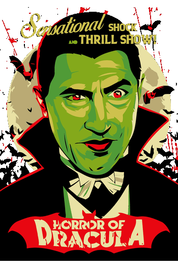 Diseño de cartel de cine clásico de Drácula con vampiro verde y murciélagos para estampado textil retro.