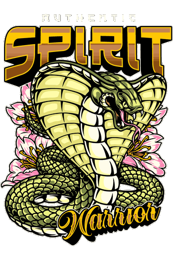 Ilustración vectorial de una serpiente cobra verde erguida frente a flores de cerezo rosadas con letras en relieve para camisetas.