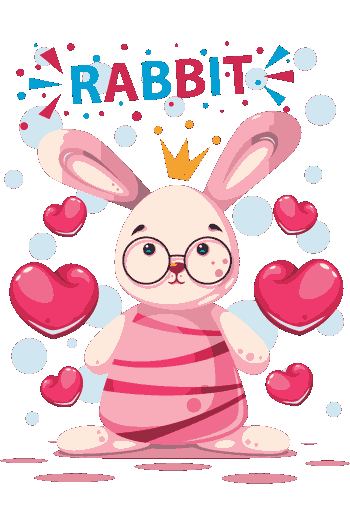 Conejo blanco con corona, gafas redondas y rodeado de corazones. Texto “RABBIT”.