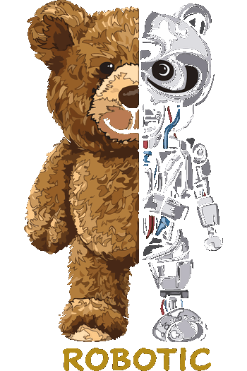 Diseño vectorial de un oso de peluche dividido a la mitad con cuerpo de robot metálico y la palabra Robotic.