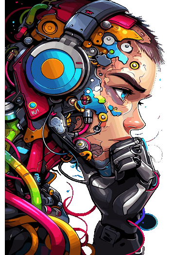 Ilustración de un personaje cyborg futurista en actitud pensante con auriculares y componentes mecánicos