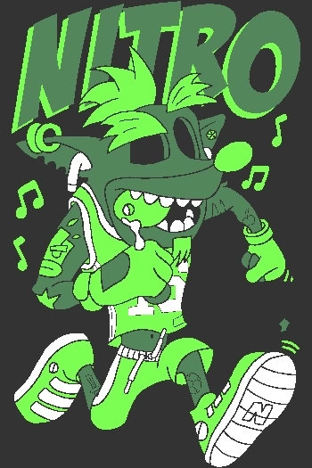 Diseño vectorial de personaje verde saltando con auriculares y zapatillas, texto 'NITRO' y notas musicales