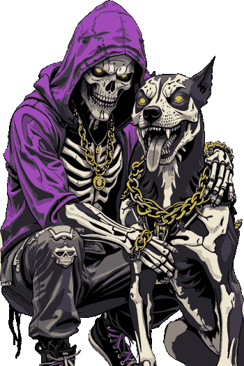  ilustración de una parca con sudadera morada y cadenas de oro junto a su fiel perro doberman esquelético