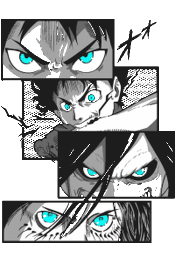 Eren Jaeger de Shingeki no Kyojin con arte de ojos brillantes en azul cian