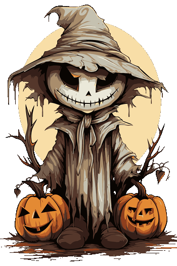 Diseño vectorial de un espantapájaros con sombrero de brujo y calabazas iluminadas para Halloween.