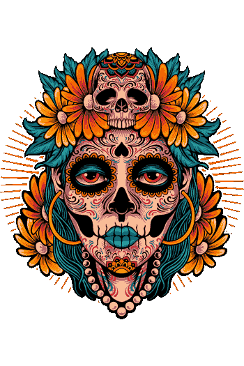 Calavera con Flores Naranjas y Rayos Diseño explosivo y lleno de energía con cabello azul