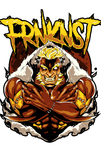 Diseño gráfico de un monstruo estilo Frankenstein musculoso con brazos cruzados y tipografía amarilla rebelde sobre fondo negro.