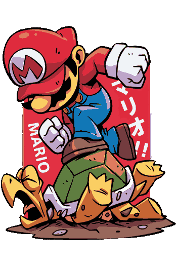 Mario saltando sobre un Koopa Troopa con fondo rojo y letras japonesas.