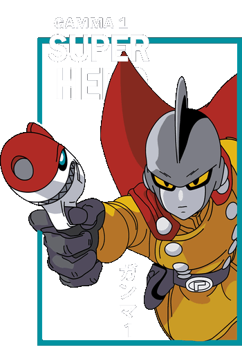 Ilustración vectorial de Gamma 1 de Dragon Ball Super Hero apuntando con su pistola rayo.