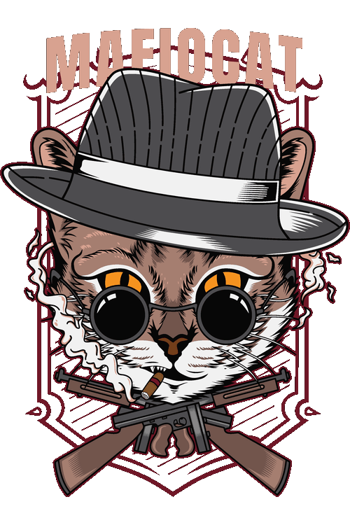 Ilustración vectorial de gato gánster MafioCat con sombrero fedora, puro y metralletas.