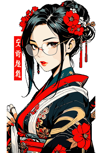 Ilustración de chica anime con kimono japonés, flores rojas y gafas para estampado textil.