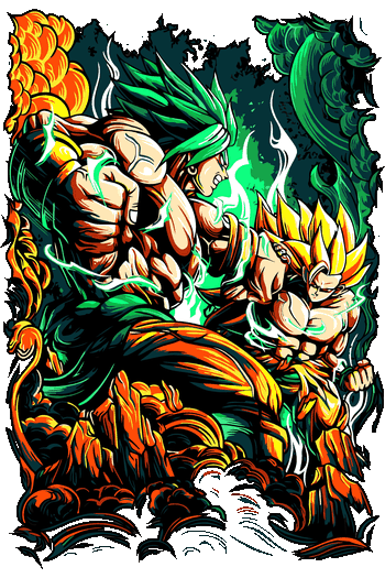 Diseño vectorial de Broly vs Goku, aura verde y dorada, fondo explosión de fuego, estilo tattoo art