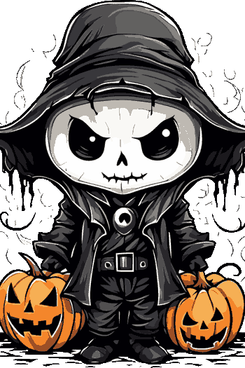 "Vector de esqueleto con sombrero de bruja y capa, sosteniendo dos calabazas, estilo chibi