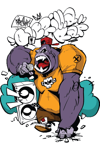 Ilustración urbana de gorila MC rapero con micrófono y grafiti para remeras streetwear.