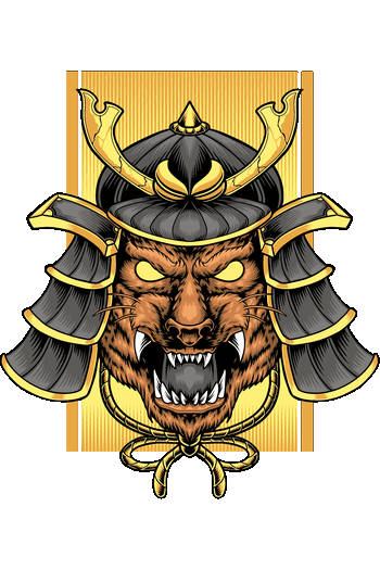 Ilustración vectorial de un hombre lobo furioso usando un casco y armadura de samurai japonés con fondo dorado.