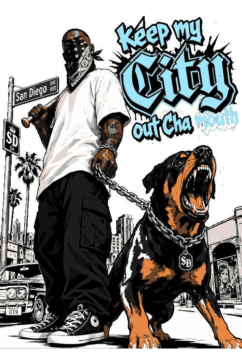 Diseños vectoriales de sujeto urbano con bate de béisbol y perro Rottweiler con la frase Keep My City Out Cha Mouth.