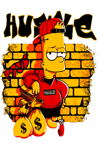 Vector parodia de Bart Simpson con ropa de calle frente a una pared de ladrillos y bolsas de dinero con el texto 'HUSTLE'.