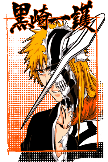 Diseño vectorial de Ichigo Kurosaki (Bleach) en Bankai Tensa Zangetsu, fondo de puntos naranjas