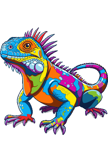 Ilustración pop art de iguana multicolor de cuerpo completo para estampado de camisetas.