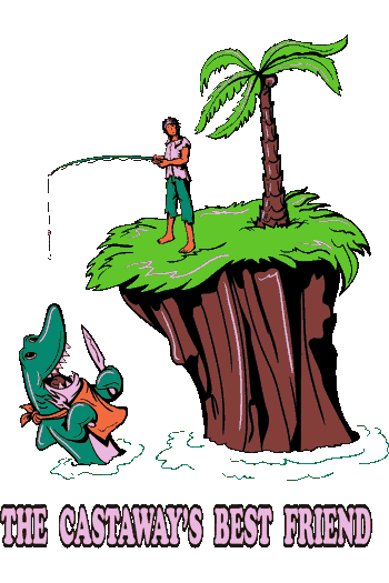 Vector de hombre pescando en isla desierta, cocodrilo muerde la caña con conejo, texto 'THE CASTAWAY'S BEST FRIEND'
