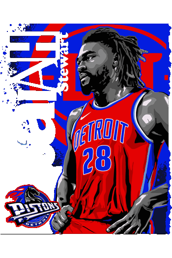 Diseño vectorial del jugador Isaiah Stewart de Detroit Pistons con uniforme rojo y fondo grunge.