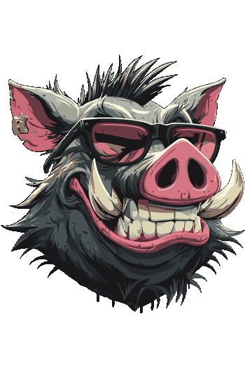 Diseño vectorial del rostro de un jabalí salvaje sonriendo con gafas de sol oscuras.