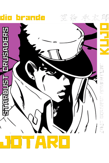 Diseño vectorial de Jotaro Kujo con sombrero, fondo blanco y negro con acentos amarillos, texto 'STARDUST CRUSADERS'