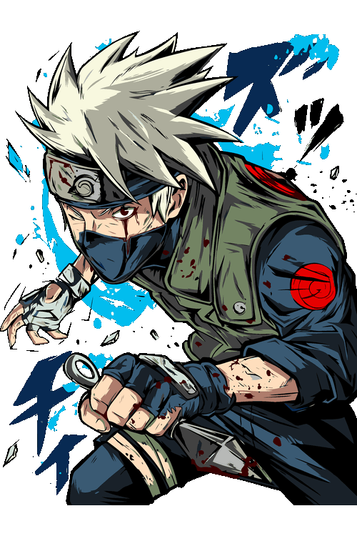 Ilustración vectorial de Kakashi Hatake en posición de combate con kunai y efectos azules.