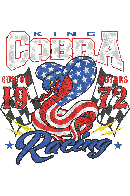 Ilustración vectorial retro de cobra americana con banderas a cuadros estilo King Cobra Racing.