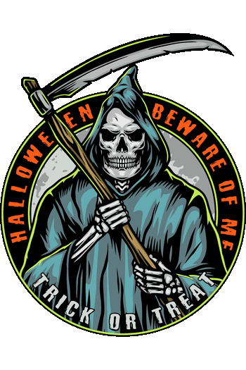 Ilustración vectorial de la Santa Muerte con guadaña y emblema circular para Halloween.
