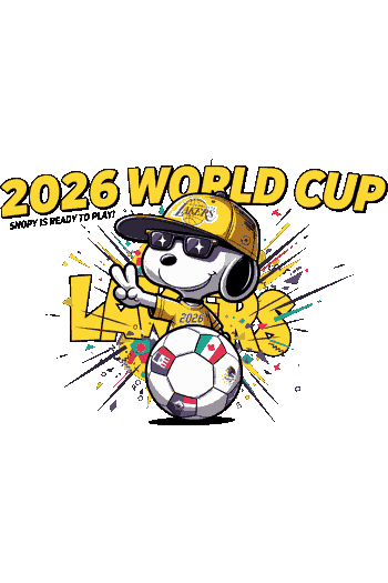 Snoopy con gorra de los Lakers, gafas de sol y balón con escudos de los 3 países
