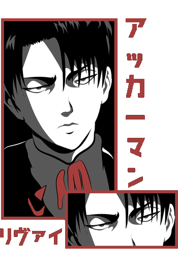 Vector de Levi Ackerman estilo póster manga japonés en color rojo para playeras de anime.