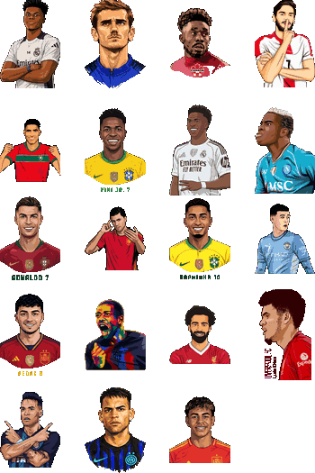 Pack de ilustraciones vectoriales de Cristiano Ronaldo, Vinícius Jr, Pedri y Salah con fondo transparente.