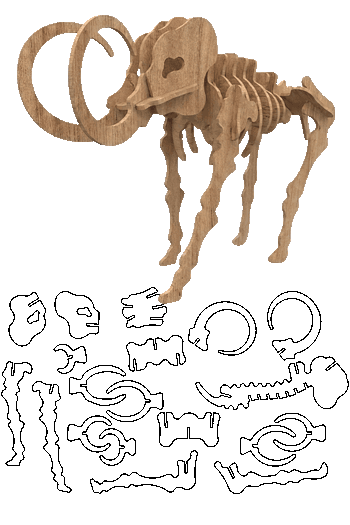 Modelo en madera de un rompecabezas 3D armable de un esqueleto de mamut lanudo realizado con corte láser.